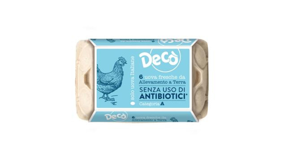 6 uova fresche da allevamento a terra Categoria A di vario calibro (peso netto minimo 330 g) da galline allevate senza l’uso di antibiotici Decò