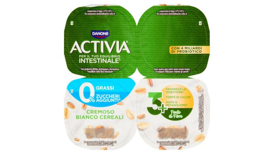 ACTIVIA Fibre, Yogurt con Probiotico Bifidus, 0% Grassi, Bianco Cereali, 4x125g
