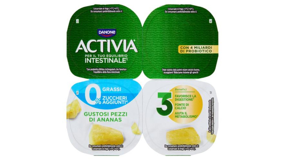 ACTIVIA Yogurt con Probiotico Bifidus, 0% Grassi, gusto Ananas, 4x125g