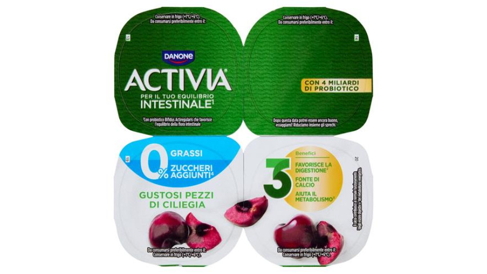 ACTIVIA Yogurt con Probiotico Bifidus, 0% Grassi, gusto Ciliegia, 4x125g