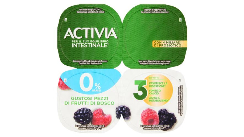 ACTIVIA Yogurt con Probiotico Bifidus, 0% Grassi, gusto Frutti di Bosco, 4x125g