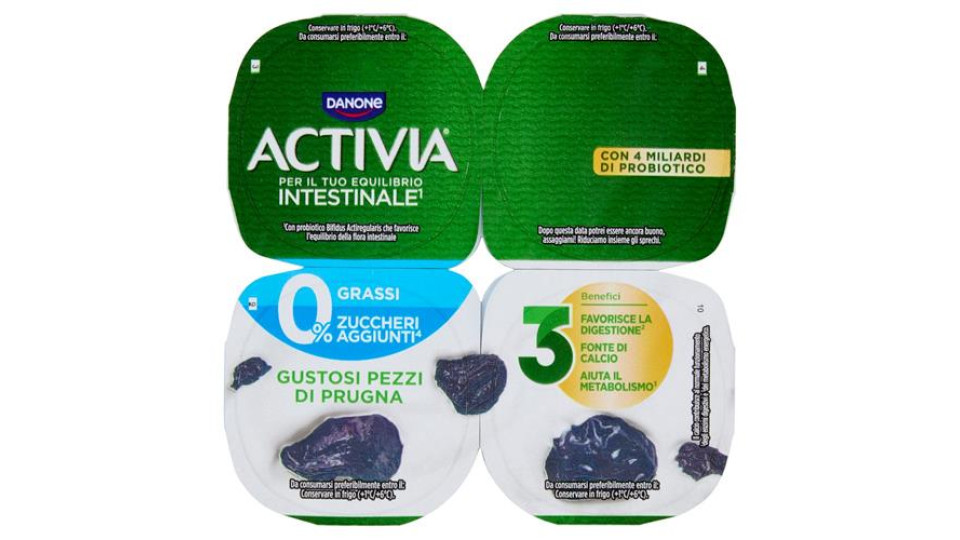 ACTIVIA Yogurt con Probiotico Bifidus, 0% Grassi, gusto Prugna, 4x125g