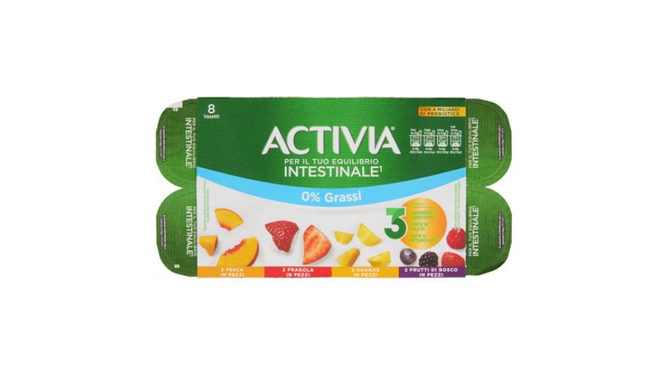 ACTIVIA Yogurt con Probiotico Bifidus, 0% Grassi, mix di gusti Pesca/Frag/Ananas/Frutti Bosco 8x125g