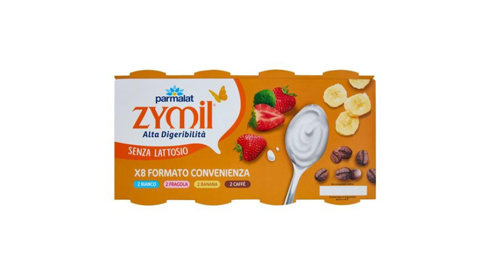 ZYMIL Alta Digeribilità Senza Lattosio Yogurt 2 Bianco, 2 Fragola, 2 Banana, 2 Caffè 8 x 125 g