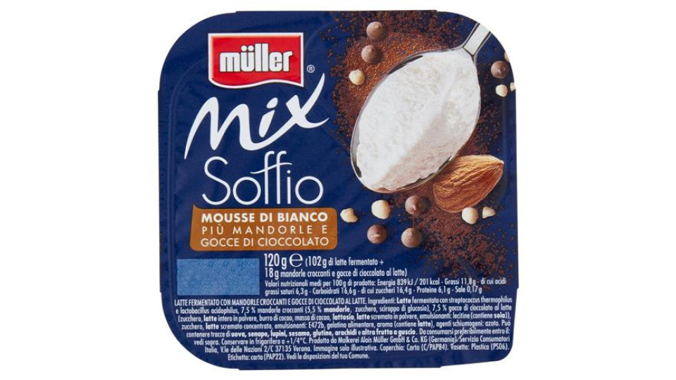 müller Mix Soffio Mousse di Bianco più Mandorle e Gocce di Cioccolato 120 g
