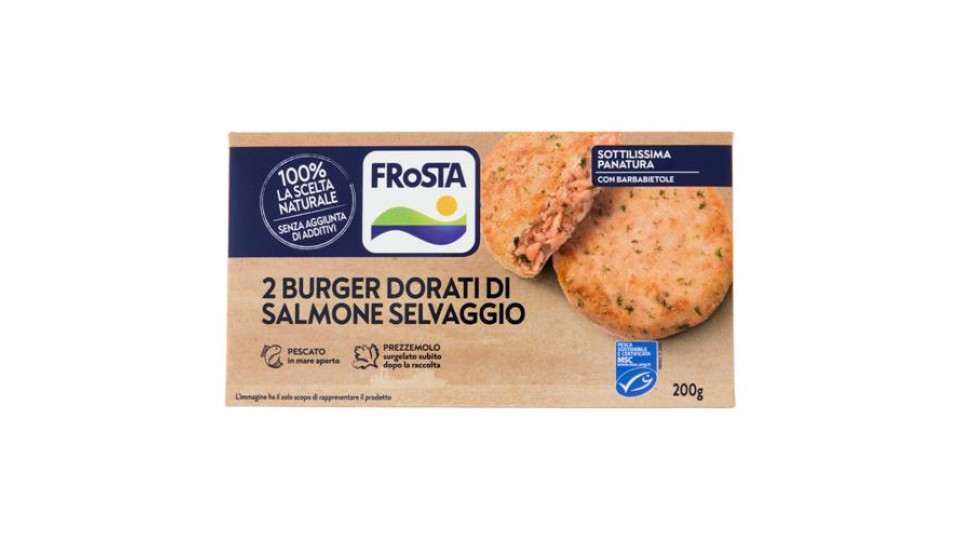 2 Burger di salmone rosa con barbabietola rossa, leggermente panati, prefritti e surgelati