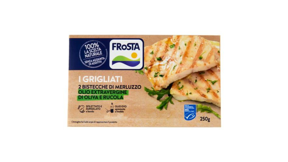 2 Porzioni di Filetti di Merluzzo d'Alaska, costituite da parti di pesce, grigliate e condite con olio extra vergine di oliva (1,6%) e rucola, surgelate