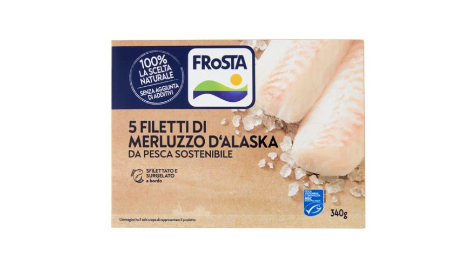 5 porzioni di Filetti di Merluzzo d'Alaska, da pesca sostenibile e certificata MSC, costituite da parti di pesce, glassate, surgelate