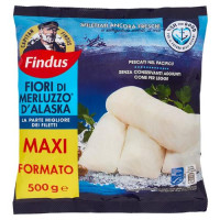Porzioni di filetti di Merluzzo d'Alaska. Surgelati Costituito da parti di pesce. Attrezzi di pesca: reti da traino Theragra chalcogramma Pescato nell'Oceano Pacifico del Nord Est e/o del Nord Ovest