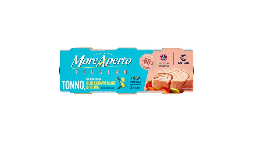 Mare Aperto Leggero Tonno, Solo un Filo di Olio Extravergine di Oliva e un Pizzico di Sale 3 x 60 g