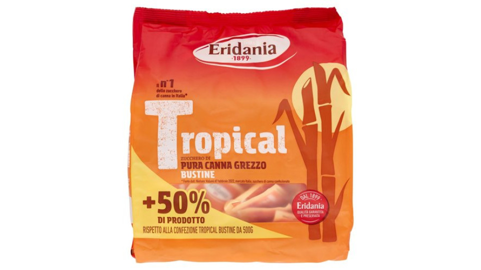 Eridania Tropical Zucchero di Pura Canna Grezzo Bustine 750 g