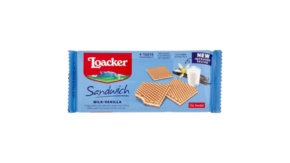 Loacker Wafer Sandwich Milk-Vanilla con crema al latte alpino e vaniglia Bourbon wafers 75g