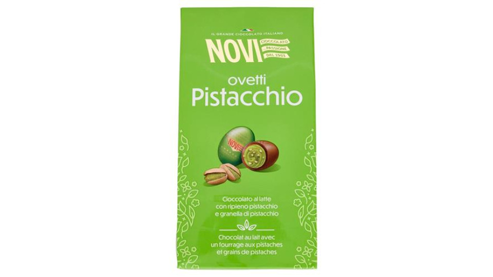 Ovetti di cioccolato al latte con ripieno al pistacchio e granella di pistacchio caramellata