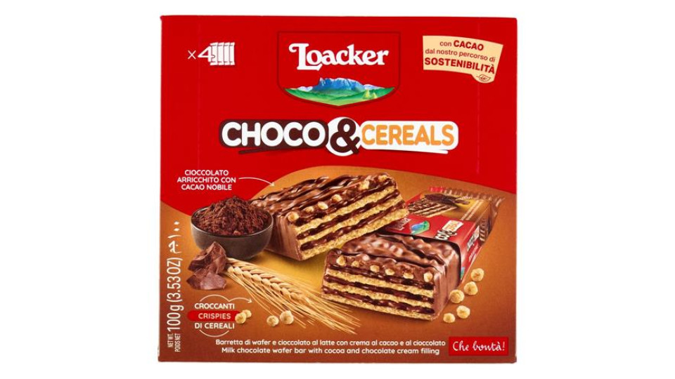 Loacker Choco & Cereals Barrette di Wafer e Cioccolato al Latte con crema al Cioccolato 25gx4
