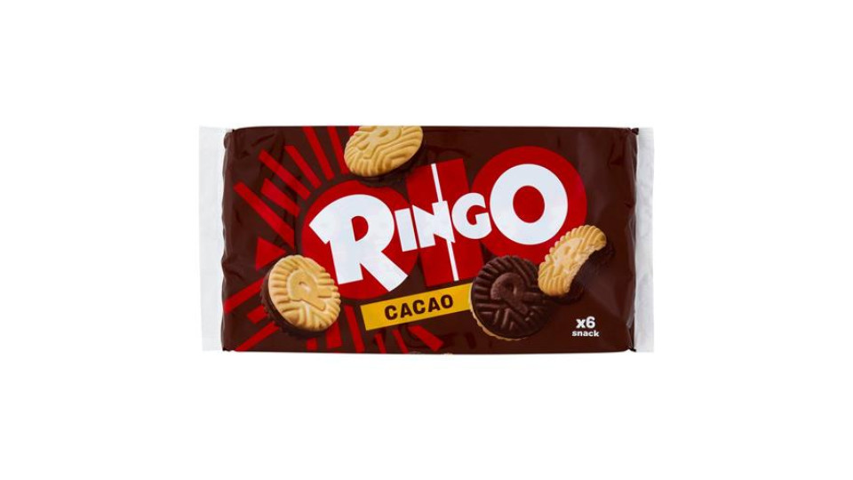 Ringo Cacao Biscotti Farciti con Crema Cacao Snack Merenda 6 porzioni, con più Crema, 330g