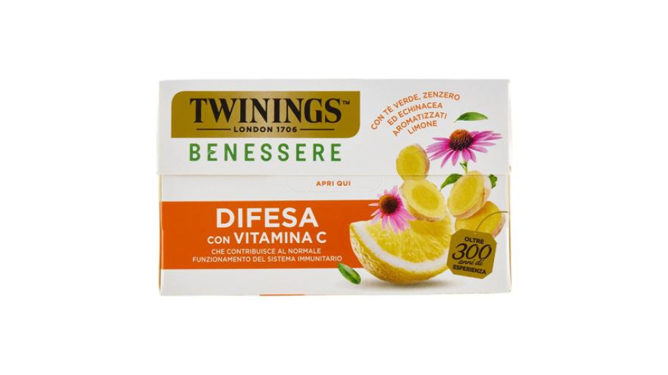 Twinings Benessere Difesa Tisana e Tè Verde, Zenzero aromatizzati Limone Vitamina C 18 filtri 36 g