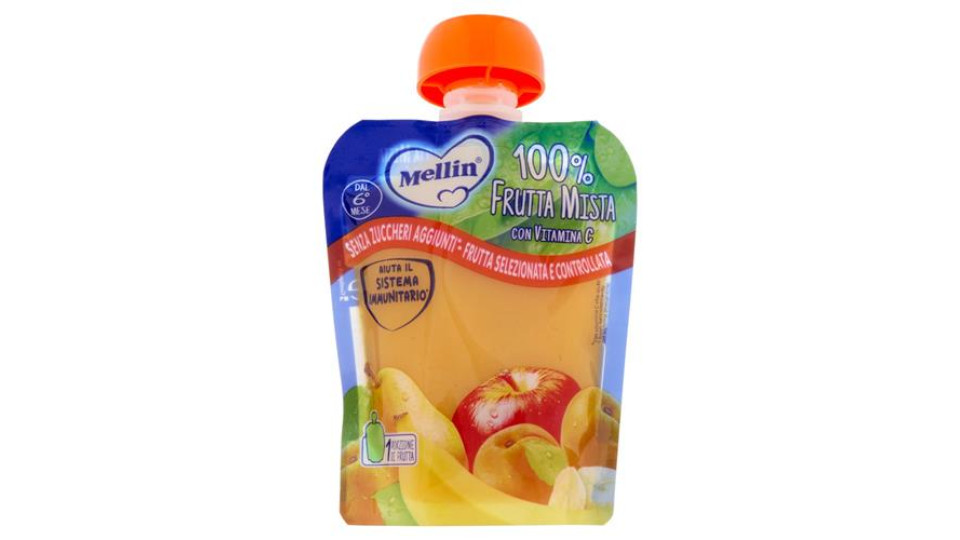 MELLIN Merenda di Frutta 100% Frutta Mista con Mela, Pera, Banana, Albicocca Pouch 90 g