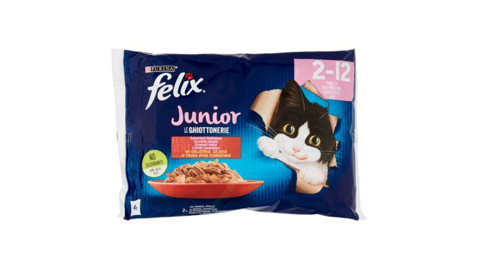 FELIX Le Ghiottonerie Junior Selezioni Deliziose in Gelatina (Manzo & Pollo) 4 x 85 g