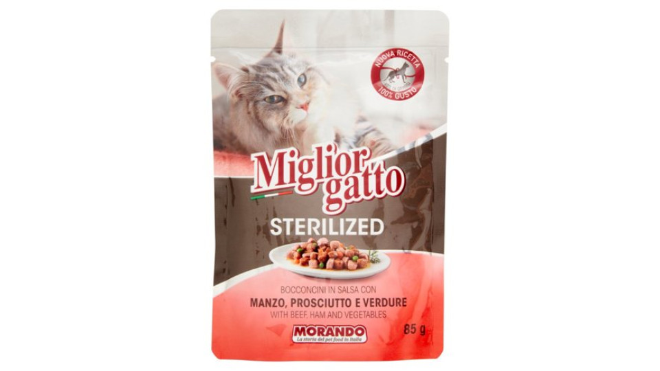 Migliorgatto Sterilized Bocconcini in Salsa con Manzo, Prosciutto e Verdure 85 g