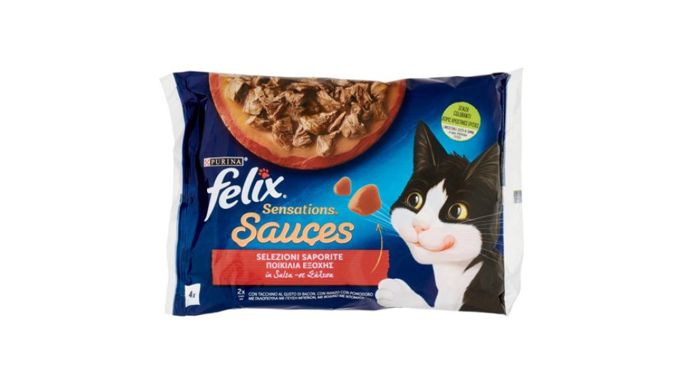 Purina Felix Sensations Sauces Cibo Umido per Gatti con Tacchino e Bacon, Manzo e Pomodoro 4x85 g