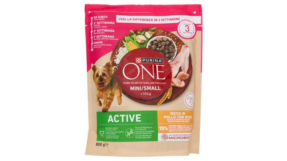 Purina One Mini <10kg Crocchette per Cani Active Ricco in Pollo con Riso 800g