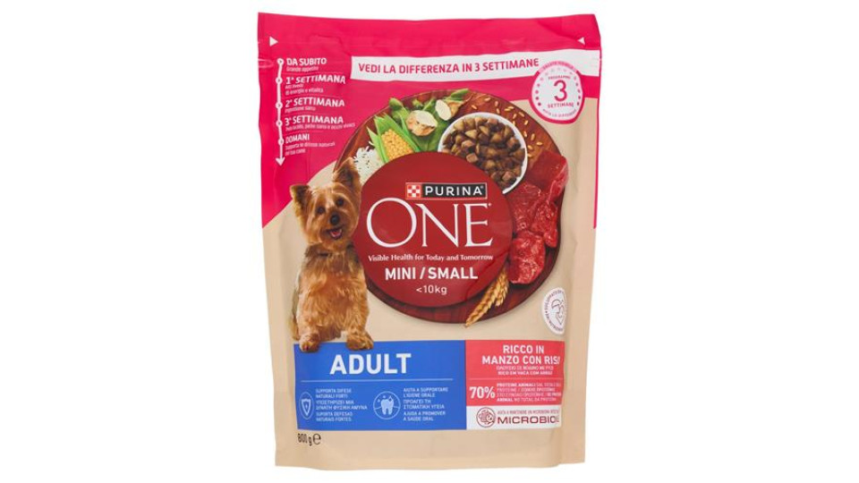 Purina One Mini <10kg Crocchette per Cani Adult Ricco in Manzo con Riso 800g