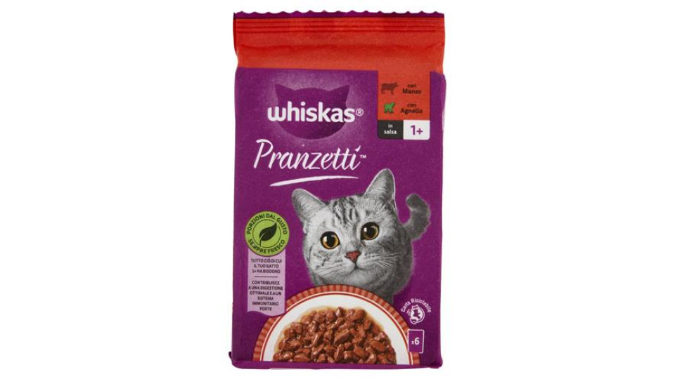 Whiskas Pranzetti Cibo Umido Gatto con Manzo e Agnello in Salsa 6 x 50 g