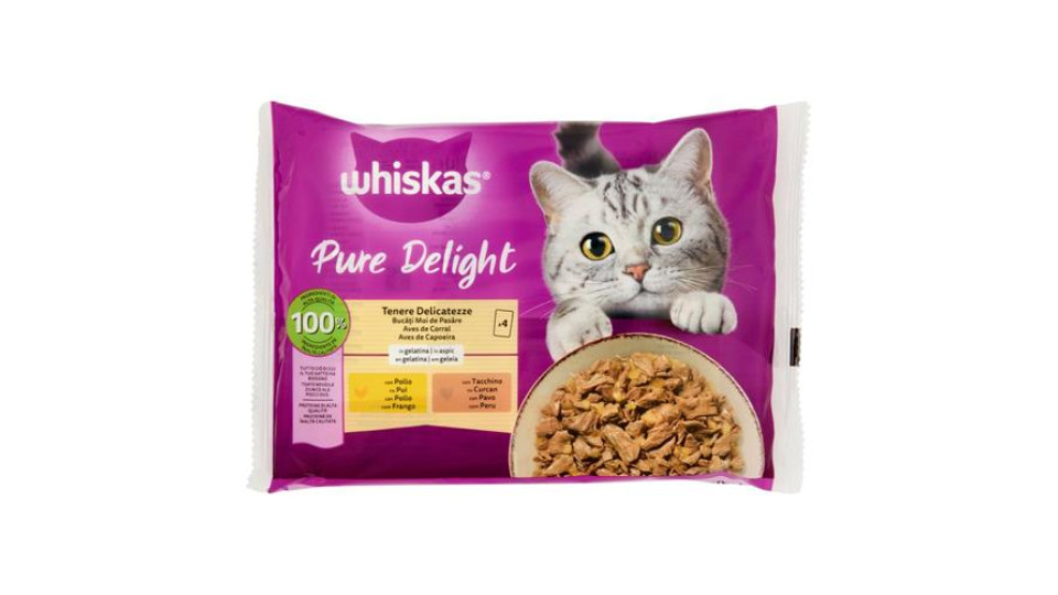 Whiskas Pure Delight Cibo Umido Gatto Tenere Delicatezze in Gelatina con Pollo e Tacchino 4 x 85 g