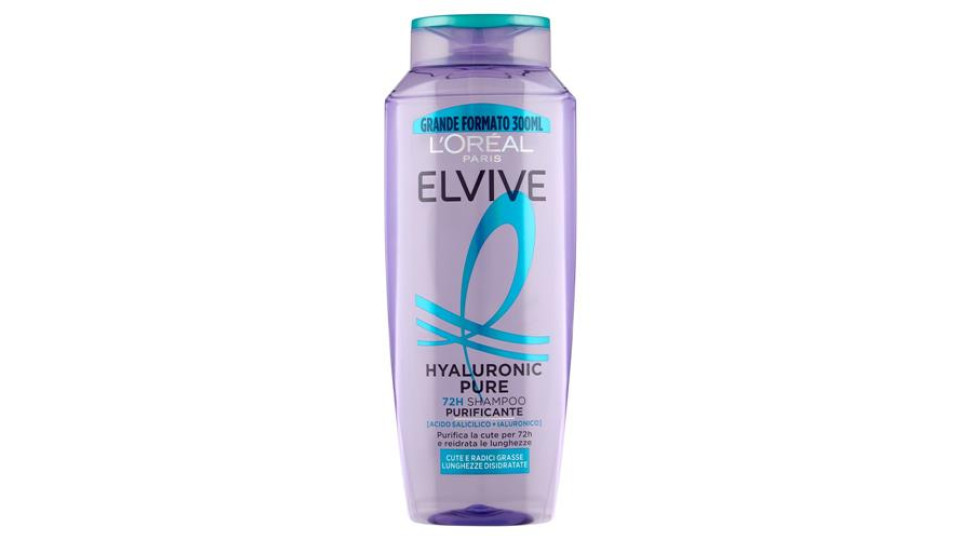 Elvive Hyaluronic Pure 72H Shampoo Purificante, per Cute e Radici Grasse, 300 ml