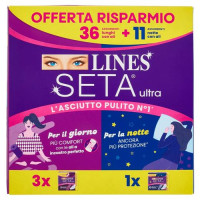 Lines Seta ultra Assorbenti lunghi con ali 36 pz + Assorbenti notte con ali 11 pz