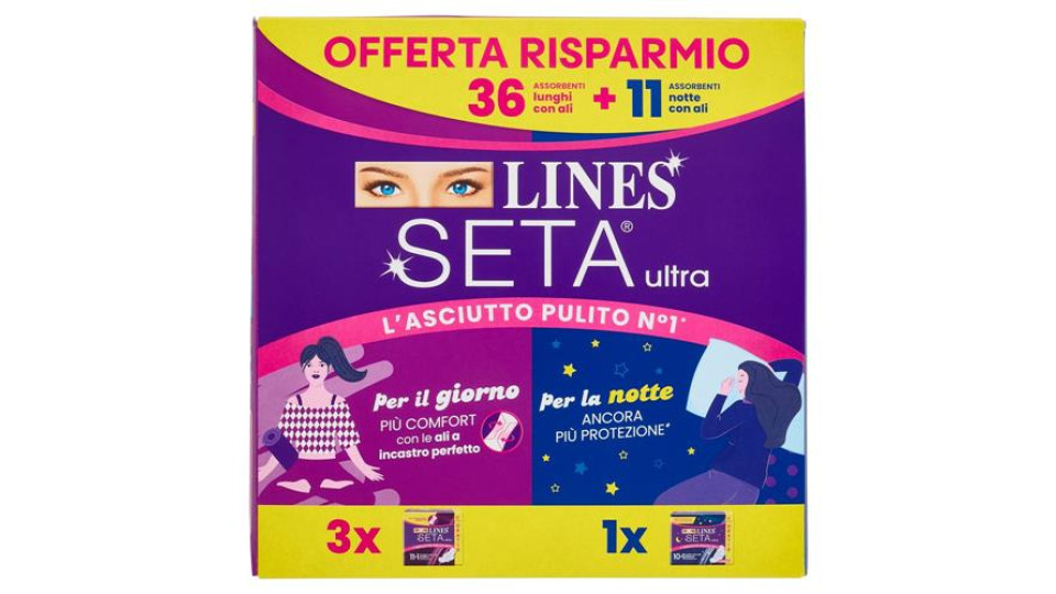 Lines Seta ultra Assorbenti lunghi con ali 36 pz + Assorbenti notte con ali 11 pz