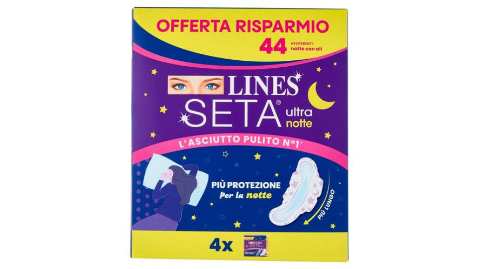 Lines Seta ultra notte Assorbenti notte con ali 44 pz