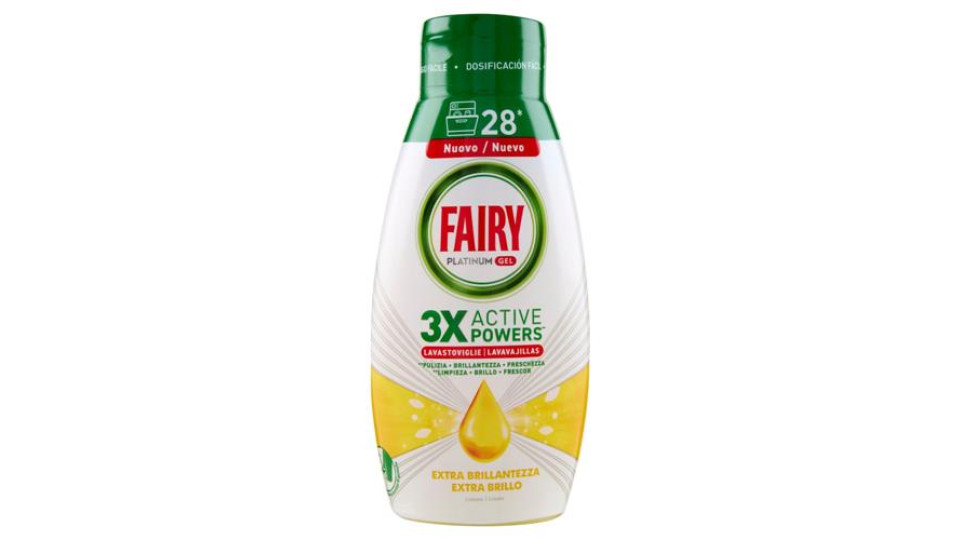 Fairy Gel Lavastoviglie Platinum Extra Brillantezza, Detersivo Piatti Limone 28 Lavaggi 504ml