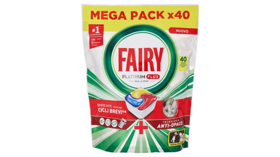Fairy Pastiglie Lavastoviglie Platinum Plus All in One, Detersivo Piatti Limone, 40 Capsule 620 g