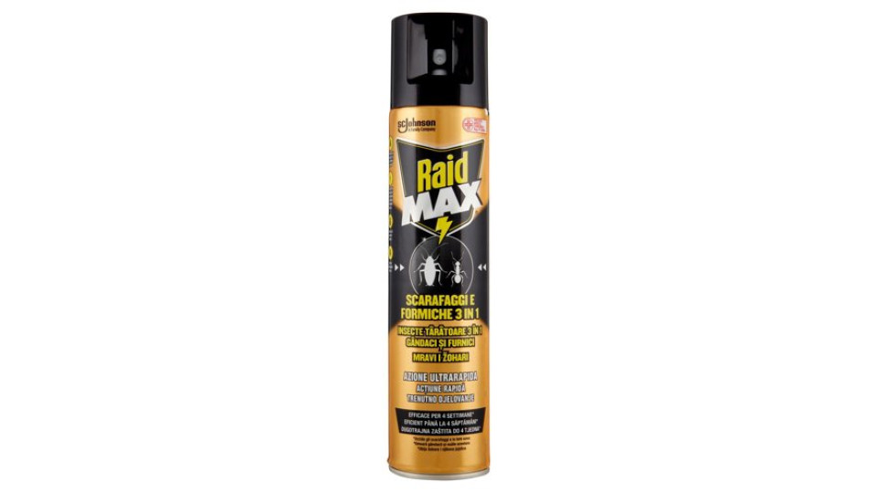 Raid Aerosol Max Scarafaggi e Formiche 3 in 1, Spray Insetticida, Efficace per 4 Settimane, 300 ml