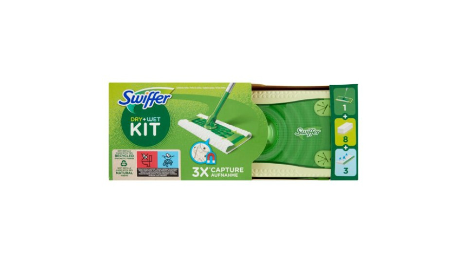 Swiffer Starter Kit Preassemblato-Scopa con 1Manico+8Panni Catturapolvere+3Panni Umidi Lavapavimenti