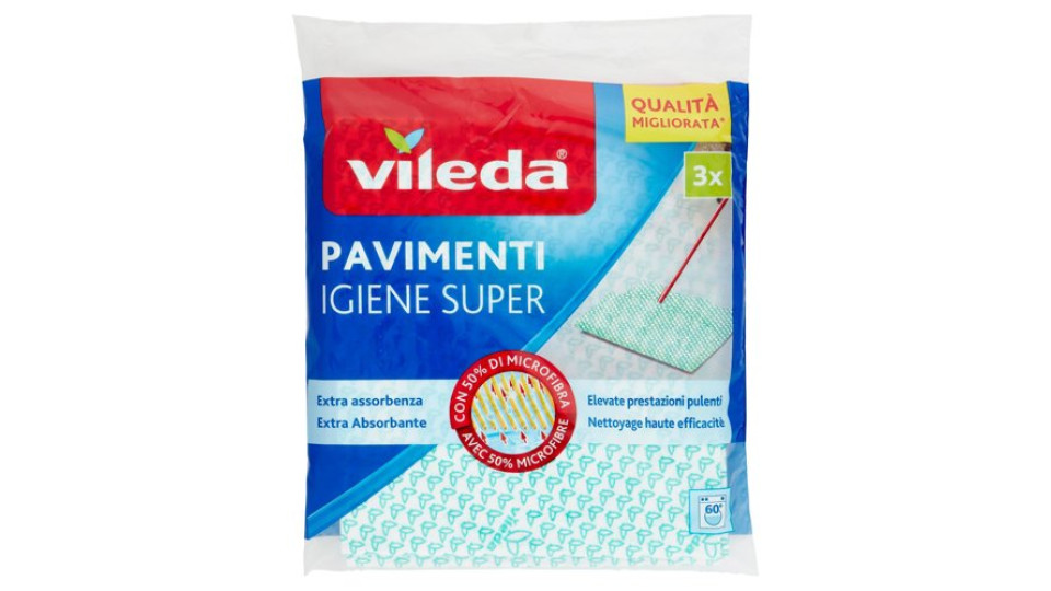 Vileda Igiene Super - panni per pulire tutti i tipi di pavimento, con 50% in microfibra, 3x 45x50 cm