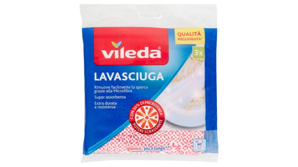 Vileda Lavasciuga - panni multiuso per piatti e stoviglie, con 50% in microfibra, 3x 34x34 cm