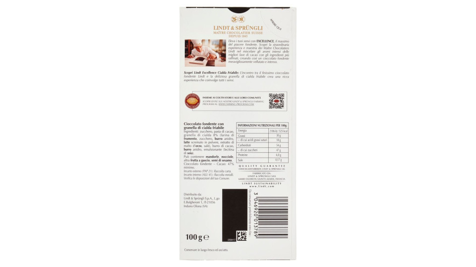 Lindt Excellence Tavoletta di Cioccolato Fondente con Cialda Friabile 100g