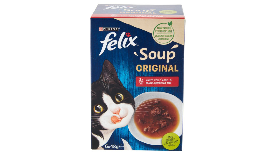 FELIX SOUP ORIGINAL CIBO UMIDO PER GATTI CON MANZO, POLLO E AGNELLO 6X48G
