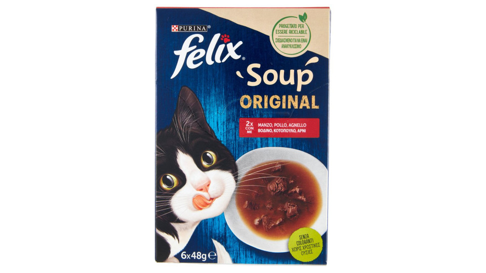 FELIX SOUP ORIGINAL CIBO UMIDO PER GATTI CON MANZO, POLLO E AGNELLO 6X48G