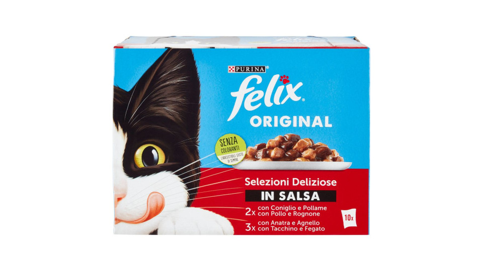 FELIX ORIGINAL BOCCONCINI PER GATTI IN SALSA CON CONIGLIO, POLLO, ANATRA E TACCHINO 10X85 G