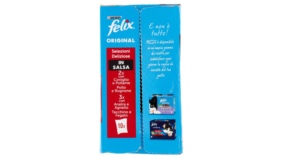 FELIX ORIGINAL BOCCONCINI PER GATTI IN SALSA CON CONIGLIO, POLLO, ANATRA E TACCHINO 10X85 G
