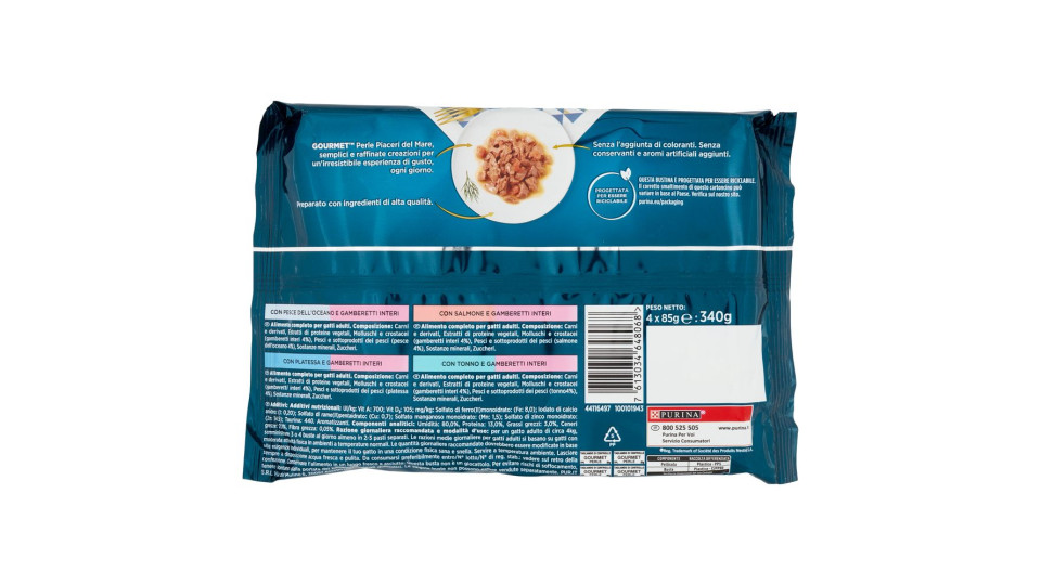 GOURMET PERLE PIACERI DEL MARE UMIDO GATTI CON PESCE, PLATESSA, SALMONE, TONNO E GAMBERETTI INTERI 4X85G