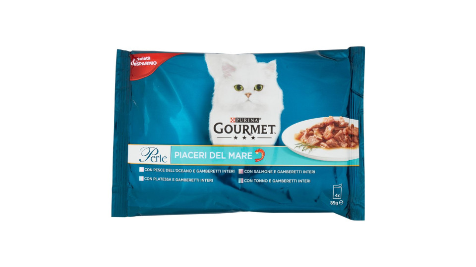 GOURMET PERLE PIACERI DEL MARE UMIDO GATTI CON PESCE, PLATESSA, SALMONE, TONNO E GAMBERETTI INTERI 4X85G