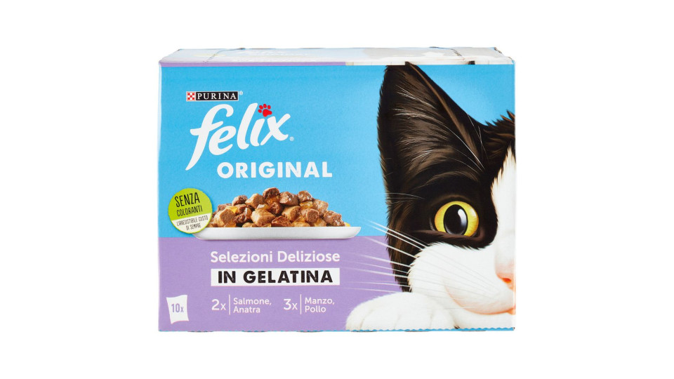 FELIX ORIGINAL CIBO UMIDO PER GATTI IN GELATINA CON SALMONE E ANATRA, MANZO E POLLO 10X85 G