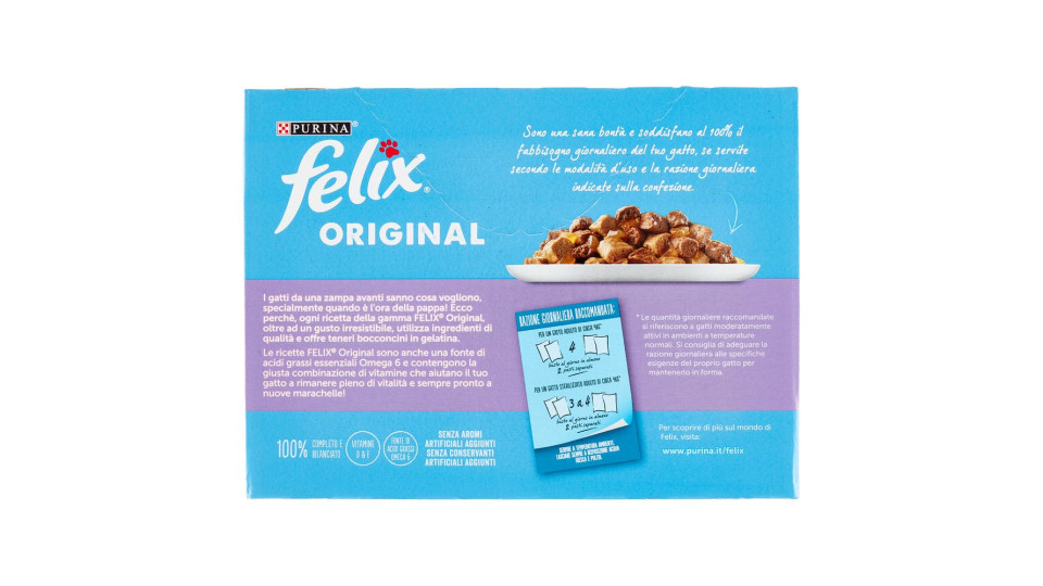 FELIX ORIGINAL CIBO UMIDO PER GATTI IN GELATINA CON SALMONE E ANATRA, MANZO E POLLO 10X85 G