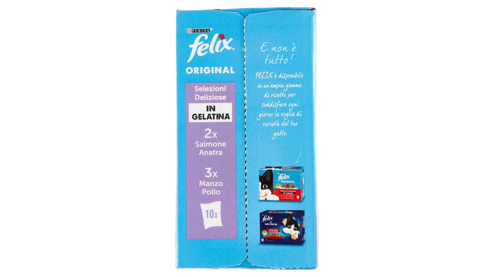 FELIX ORIGINAL CIBO UMIDO PER GATTI IN GELATINA CON SALMONE E ANATRA, MANZO E POLLO 10X85 G