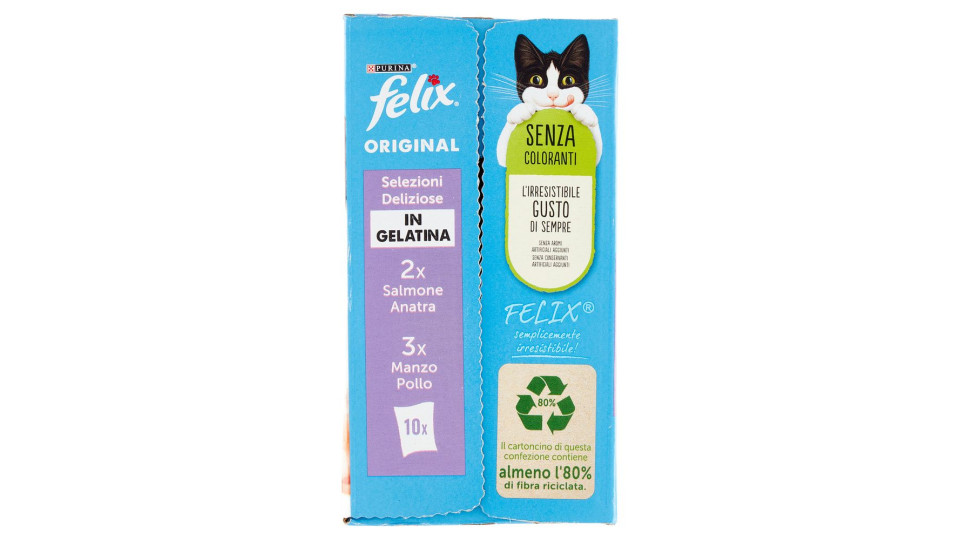 FELIX ORIGINAL CIBO UMIDO PER GATTI IN GELATINA CON SALMONE E ANATRA, MANZO E POLLO 10X85 G