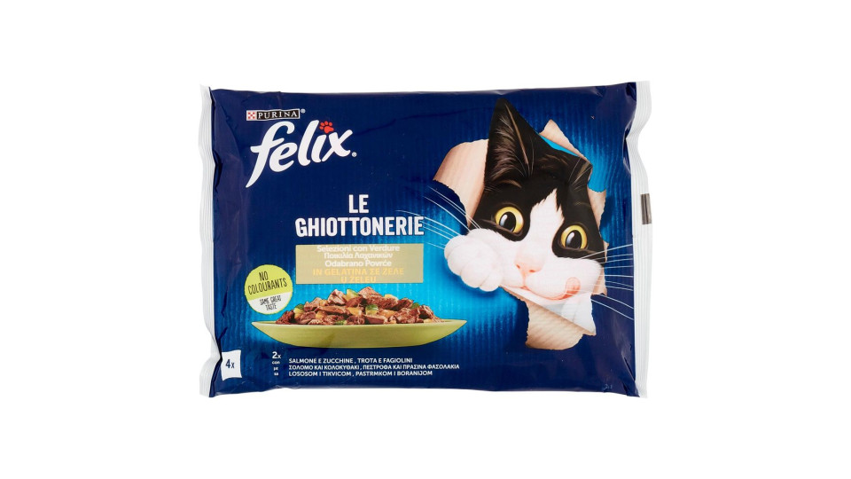 FELIX LE GHIOTTONERIE CON VERDURE ICIBO UMIDO PER GATTI CON SALMONE E ZUCCHINE, TROTA E FAGIOLINI 4X85G